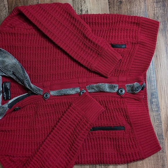 LCR Black Edition Knit Full Zip Sweater in Red Faux Fur Hood Lining - Picture 3 of 11